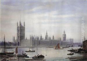 Barges On The Thames By The Houses Of Parliament by James Lawson Stewart