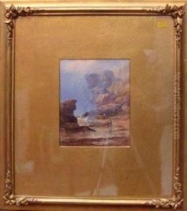 Men Salvaging Timber On A Rocky Beach by George Blackie Sticks