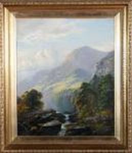 An Upland River Scene With A Figure Seated On Rocks In The Foreground