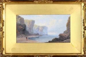 A Rocky Coastal Scene With A Female Figure On The Beach In The Foreground by George Blackie Sticks