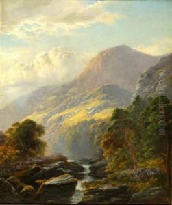 Sticks, Scottish Summer Landscape With A Figure By A Rushingstream