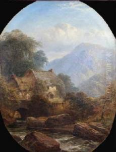 A View In Borrowdale With A Woman On A Bridge By A Cottage by George Blackie Sticks