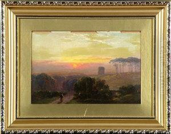 "jesmond Dene" - A Woman Approaching A Tower At Sunset - view 1