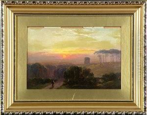 "jesmond Dene" - A Woman Approaching A Tower At Sunset