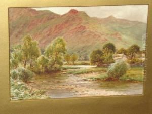A Mountainous River Landscape With Stone Bridge By Houses, Together With Another, A Pair by Harry James Sticks