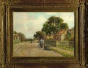 A Northumbrian Village Street Scene With A Woman Collecting Water From A Spring