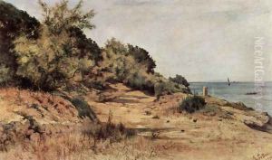 A forested beach by Giovanni Fattori