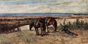 A soldier with two horses on the shore of the sea by Giovanni Fattori