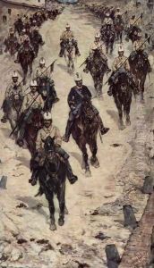 Cavalry Corps on a village street by Giovanni Fattori