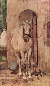 A white horse in front of a door by Giovanni Fattori