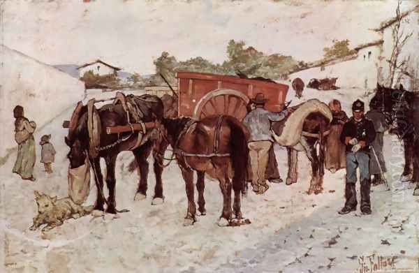 Country road with peasants and soldiers - view 1