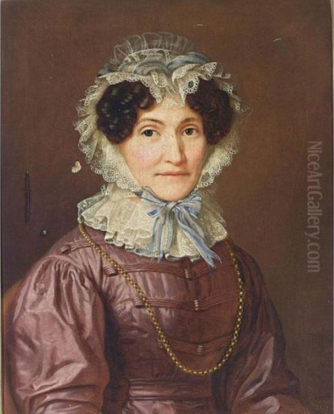A Portrait Of A Lady Seated,
Half Length, Wearing A Purple Dress With A White Lace Collar And A Gold
Necklace, And A White Lace Hat - view 1