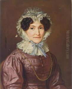 A Portrait Of A Lady Seated, 
Half Length, Wearing A Purple Dress With A White Lace Collar And A Gold 
Necklace, And A White Lace Hat