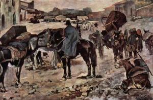 Village street with farmers, mules and dealers by Giovanni Fattori