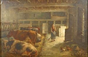 Boerin En Vee In De Stal. by Jan Baptiste, Jan Stobbaerts