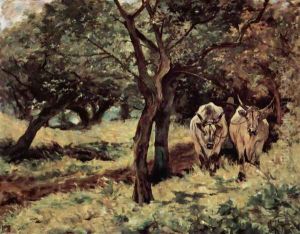 Two oxen in the olive grove by Giovanni Fattori
