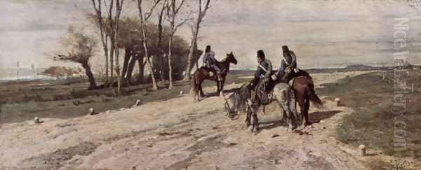 Three cavalrymen on a street - view 1