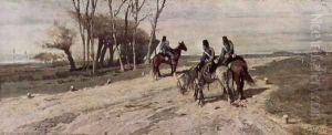 Three cavalrymen on a street by Giovanni Fattori