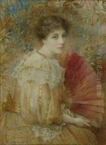 The Hon Mrs Emily Napier, 
Holding A Fan In Autumn Woodland - A Half Length Seated Portrait