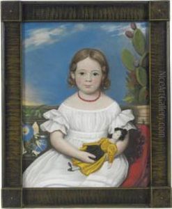 Portrait Of Brown-haired Little 
Girl Holding Doll In Yellow Dress Cactus And Morning Glories In The 
Background