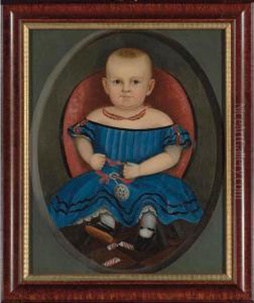 A Portrait Of A Child Wearing A
Double-strand Coral And Gold Necklace, Blue Dress Decorated With Coral
And Gold Strands, And Patent Leather Shoes, And Holding A Silver Rattle
With Teething Ring And A Broken Candy Cane - view 1