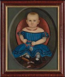 A Portrait Of A Child Wearing A
Double-strand Coral And Gold Necklace, Blue Dress Decorated With Coral
And Gold Strands, And Patent Leather Shoes, And Holding A Silver Rattle
With Teething Ring And A Broken Candy Cane by Joseph Whiting Stock