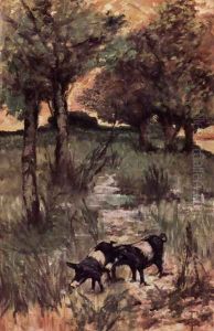 Two pigs on pasture by Giovanni Fattori