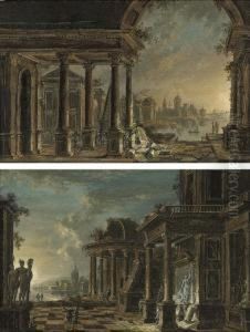 An Architectural Capriccio Of 
Classical Ruins With Travellers Beyond; And An Architectural Capriccio 
Of Classical Ruins With Elegant Figures In The Foreground, A River 
Beyond