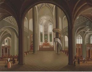 The Interior Of A Gothic Church With Figures By The Pews