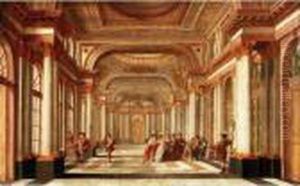 An Architectural Capriccio With An Elegant Company Admiring Sculptures