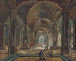 A Church Interior With An Elegant Couple In The Foreground