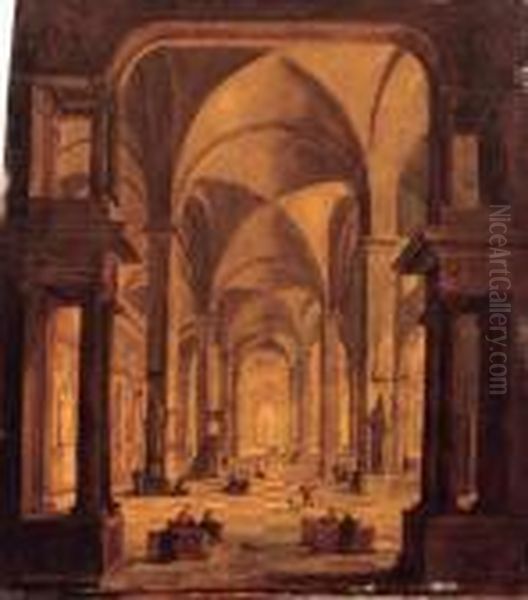 A View In A Gothic Church With Elegant Townsfolk - view 1