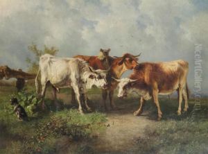Cows In The Meadow by Ildephonse Stocquart