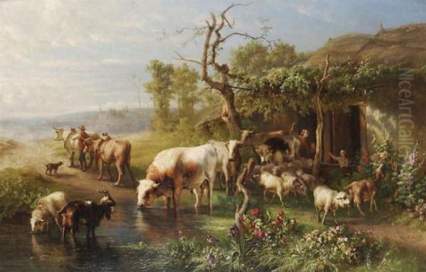 Landscape With Cow Herds And Flock Near The Water - view 1