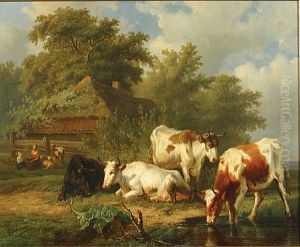 Moeder En Kind Aan De Hoeve Met Vee In Een Landschap. by Ildephonse Stocquart