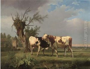 A Bull And Cow By A Pond by Ildephonse Stocquart