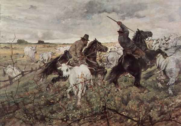 Two mounted with shepherds herd bull - view 1