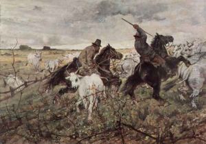 Two mounted with shepherds herd bull by Giovanni Fattori