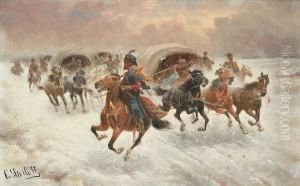 Huzzars In A Winter Landscape by Konstantin Stoilov