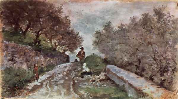 Street through the olive grove with two passers - view 1