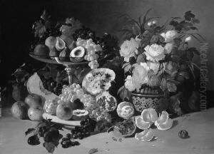 J. "stillleben Mit Blumen Und
 Fruchten". Sign. Ol Auf Lwd. 73 X 100 Cm. Rahmen