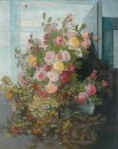 Still Life With Roses And Meadow Flowers On A Table by Konstantin Stoitzner