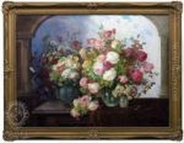 Still-lifewith Roses And Summer Flowers Decorated In Front Of A Window - view 1