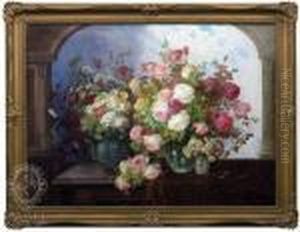 Still-lifewith Roses And Summer Flowers Decorated In Front Of A Window by Konstantin Stoitzner