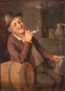 An Old Man Resting On A Barrel And Smoking A Pipe by Konstantin Stoitzner