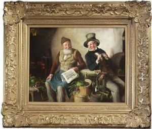 Kitchen Interior With Two Men Conversing. Oil/canvas, Signed