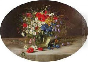 Still-life With Poppies, Marguerites And Foxgloves In A Vase by Konstantin Stoitzner