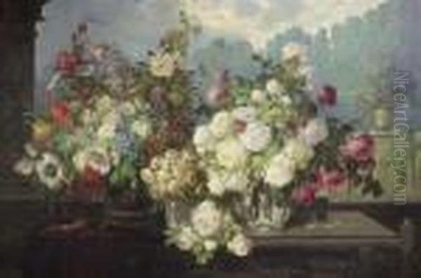 Still-life With Three Bouquets On A Table In Front Of A Terrace. Oil/canvas, Signed - view 1