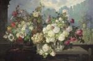 Still-life With Three Bouquets On A Table In Front Of A Terrace. Oil/canvas, Signed Still-life With Three Bouquets On A Table In Front Of A Terrace. Oil/canvas, Signed