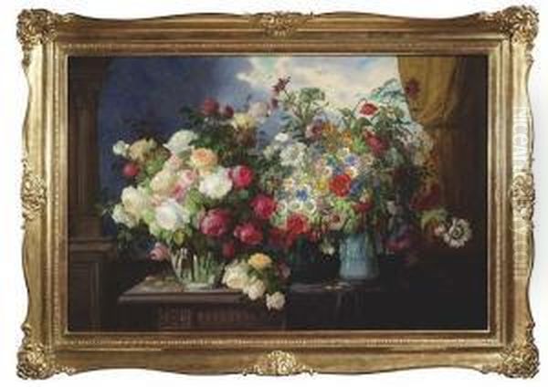 Still-life With Three Bouquets In Front Of A Window. Oil/canvas, Signed - view 1
